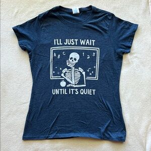 Navy Teacher Graphic Tee with Skeleton Print